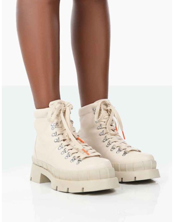 Hike There Bone Pu Lace Up Chunky Sole Winter Boots