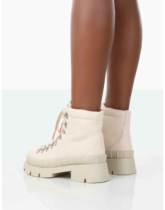 Hike There Bone Pu Lace Up Chunky Sole Winter Boots