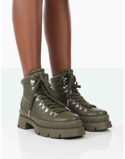 Hike There Khaki Pu Lace Up Chunky Sole Winter Boots