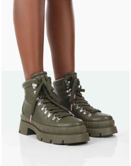 Hike There Khaki Pu Lace Up Chunky Sole Winter Boots