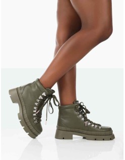 Hike There Khaki Pu Lace Up Chunky Sole Winter Boots