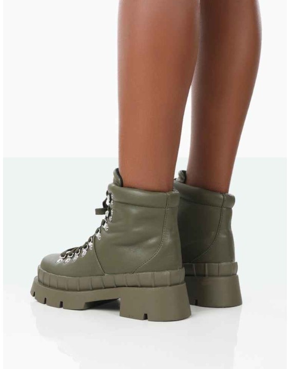 Hike There Khaki Pu Lace Up Chunky Sole Winter Boots