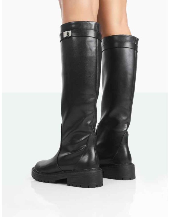 More Fun Black PU Round Toe Knee High Boots