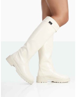 More Fun Ecru PU Round Toe Knee High Boots