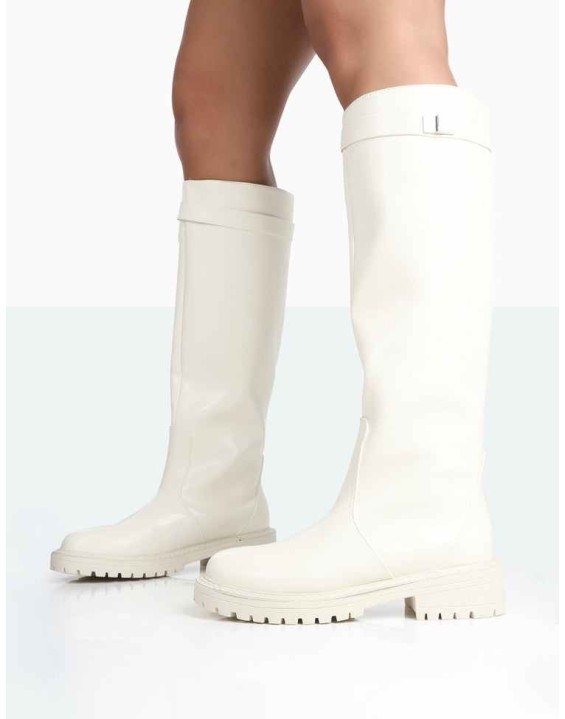 More Fun Ecru PU Round Toe Knee High Boots