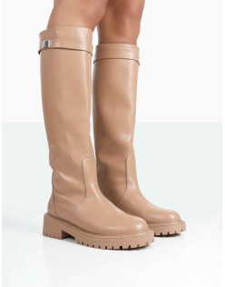 More Fun Caramel PU Round Toe Knee High Boots