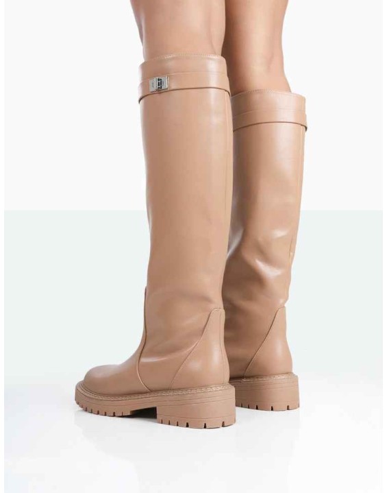 More Fun Caramel PU Round Toe Knee High Boots