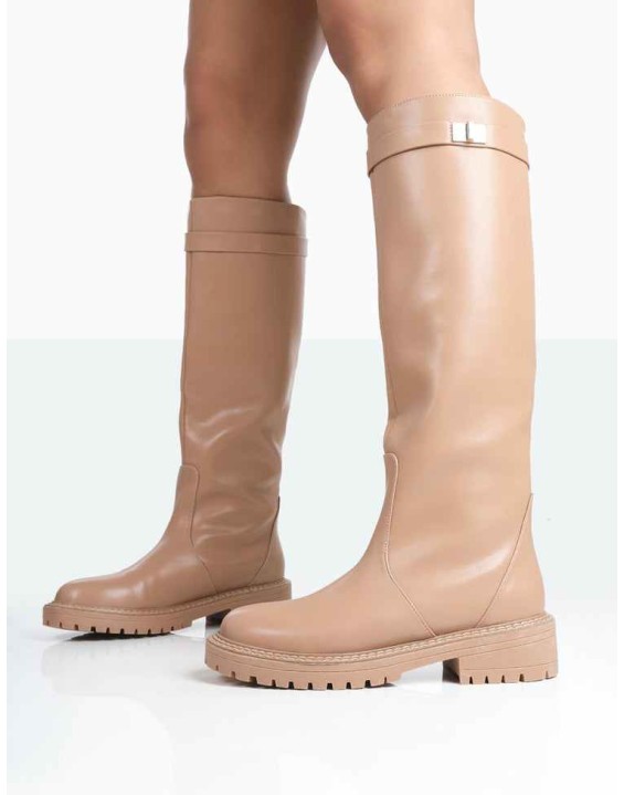 More Fun Caramel PU Round Toe Knee High Boots