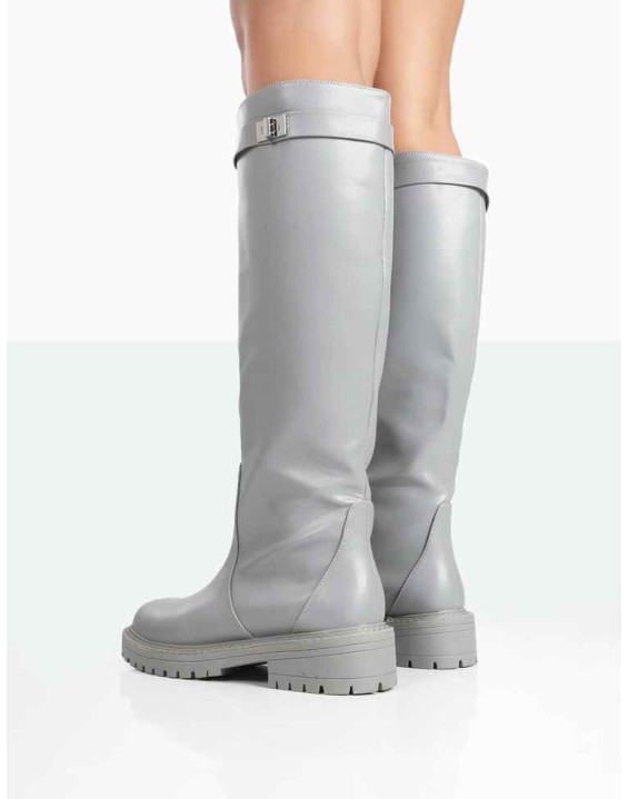More Fun Grey PU Round Toe Knee High Boots
