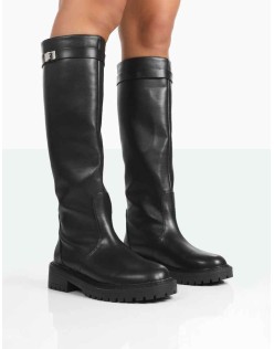 More Fun Wide Fit Black Pu  Round Toe Chunky Sole Knee High Boots