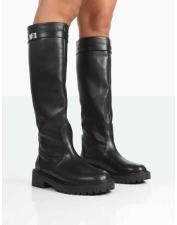 More Fun Wide Fit Black Pu  Round Toe Chunky Sole Knee High Boots