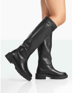 More Fun Wide Fit Black Pu  Round Toe Chunky Sole Knee High Boots