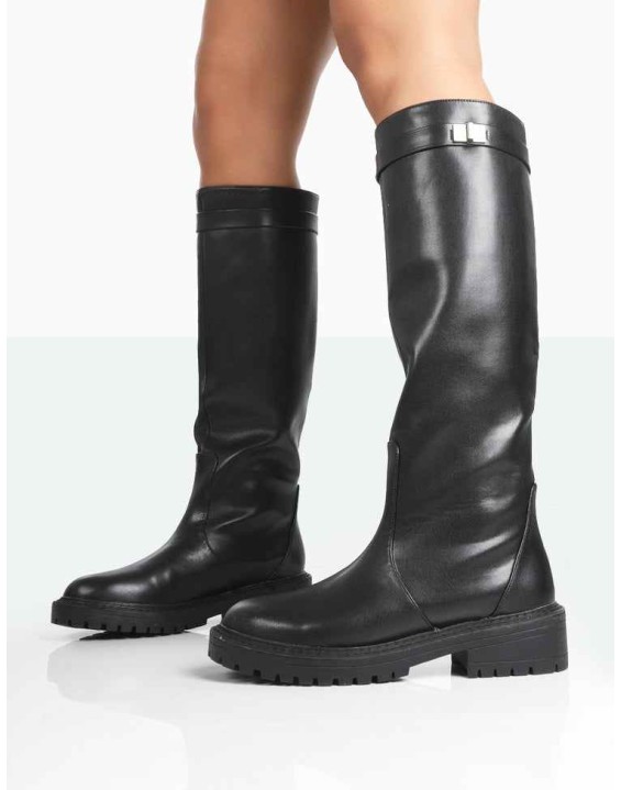 More Fun Wide Fit Black Pu  Round Toe Chunky Sole Knee High Boots