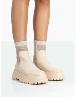 Paloma Nude Boucle Knit Chunky Sole Sock Ankle Boots