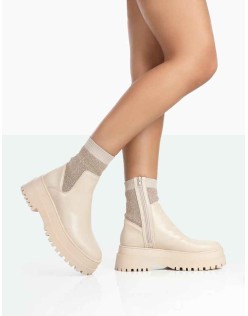Paloma Nude Boucle Knit Chunky Sole Sock Ankle Boots