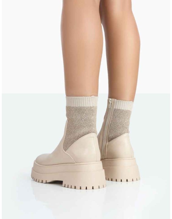 Paloma Nude Boucle Knit Chunky Sole Sock Ankle Boots