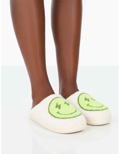 Daze Lime Printed Smiley Face Slippers