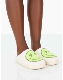 Daze Lime Printed Smiley Face Slippers