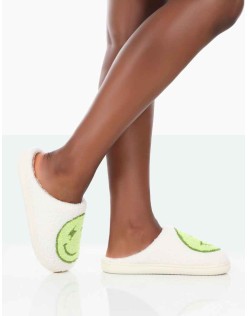 Daze Lime Printed Smiley Face Slippers