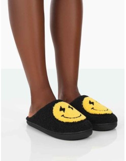 Daze Black Printed Smiley Face Slippers