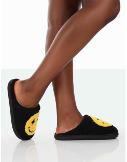Daze Black Printed Smiley Face Slippers