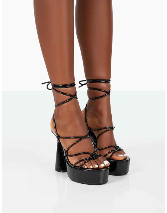 Giana Black Patent Strappy Lace Up Block Heels