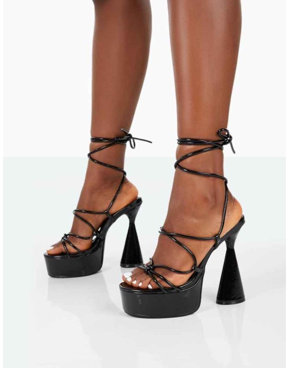 Giana Black Patent Strappy Lace Up Block Heels