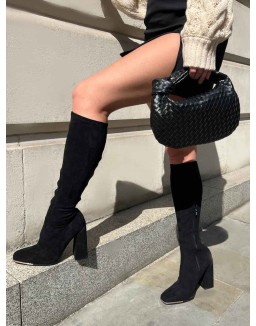 Caryn Black Faux Suede Knee High Heeled Boots