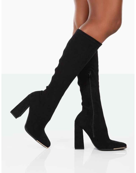 Caryn Black Faux Suede Knee High Heeled Boots