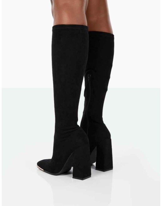 Caryn Black Faux Suede Knee High Heeled Boots