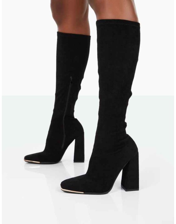Caryn Black Faux Suede Knee High Heeled Boots