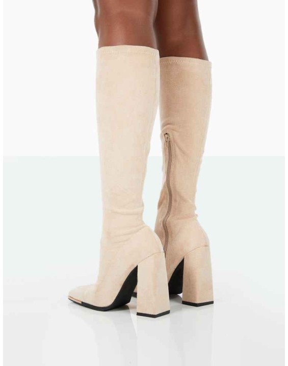 Caryn Taupe Faux Suede Knee High Heeled Boots
