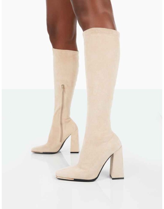 Caryn Taupe Faux Suede Knee High Heeled Boots