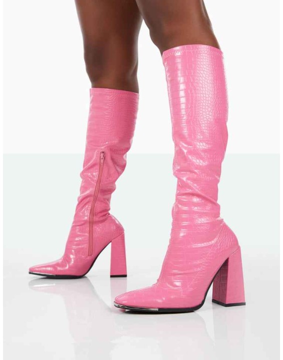 Caryn Pink Croc PU Knee High Block Heeled Boots
