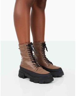 Refresh Mocha PU Nylon Lace Up Platform Chunky Sole Ankle Boots