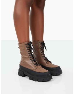 Refresh Mocha PU Nylon Lace Up Platform Chunky Sole Ankle Boots