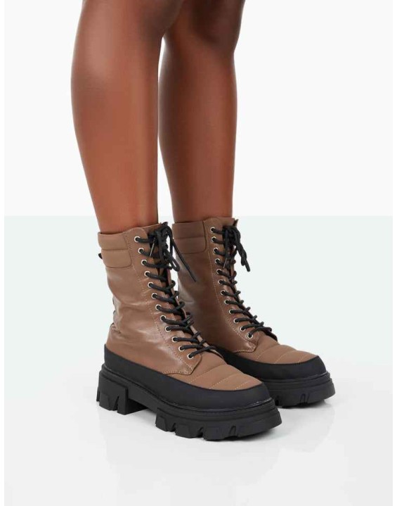 Refresh Mocha PU Nylon Lace Up Platform Chunky Sole Ankle Boots