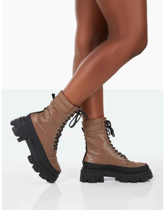 Refresh Mocha PU Nylon Lace Up Platform Chunky Sole Ankle Boots
