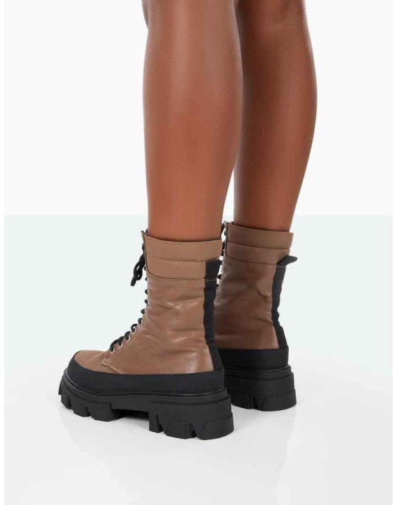 Refresh Mocha PU Nylon Lace Up Platform Chunky Sole Ankle Boots