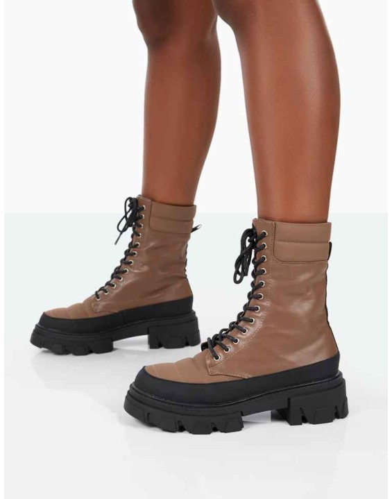 Refresh Mocha PU Nylon Lace Up Platform Chunky Sole Ankle Boots