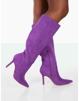 Best Believe Purple Faux Suede Pointed Toe Stiletto Heeled Knee High Boots