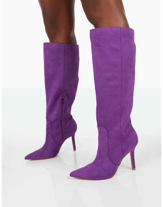 Best Believe Purple Faux Suede Pointed Toe Stiletto Heeled Knee High Boots
