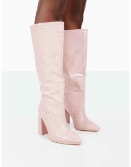 Posie Wide Fit Baby Pink Croc PU Knee High Block Heel Boots