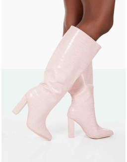 Posie Wide Fit Baby Pink Croc PU Knee High Block Heel Boots
