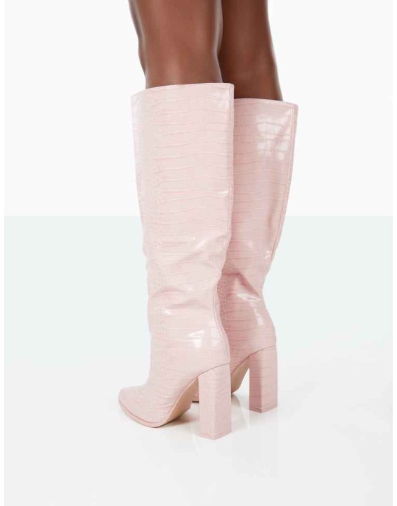 Posie Wide Fit Baby Pink Croc PU Knee High Block Heel Boots
