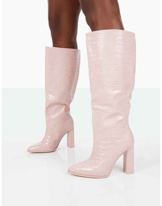 Posie Wide Fit Baby Pink Croc PU Knee High Block Heel Boots
