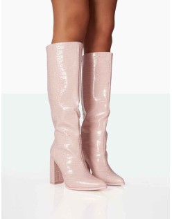 Posie Baby Pink Croc PU Knee high Block Heel Boots