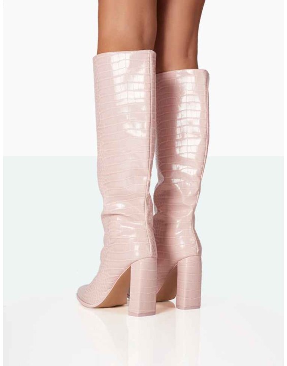 Posie Baby Pink Croc PU Knee high Block Heel Boots