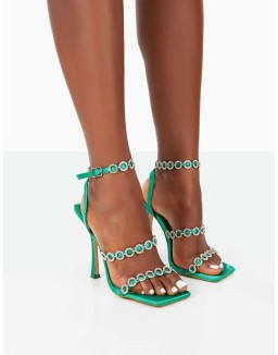 Tilly Green Satin Sparkly Diamante Strappy Square Toe Heels