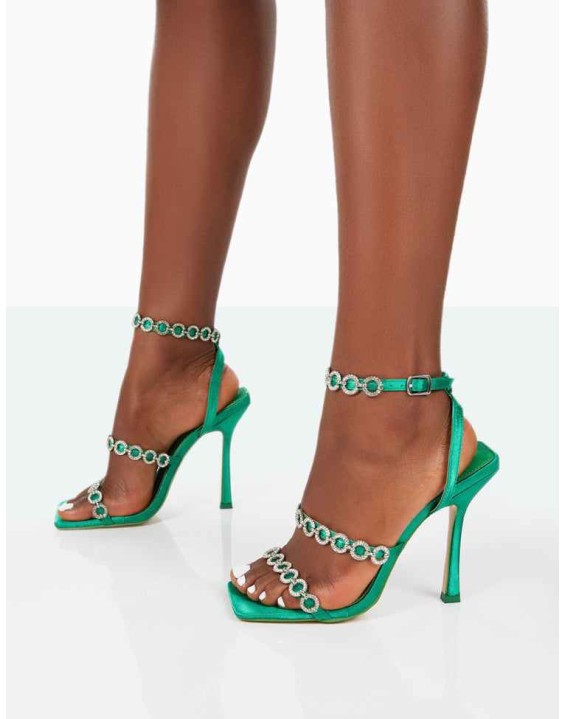 Tilly Green Satin Sparkly Diamante Strappy Square Toe Heels